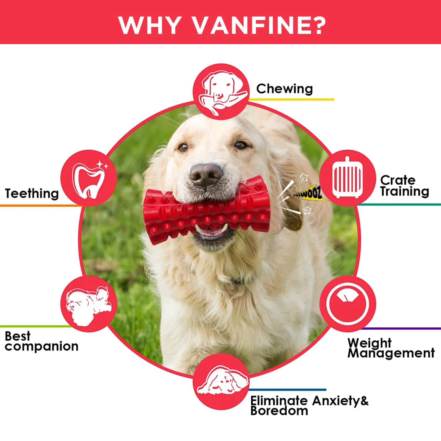 VANFINE Dog Toy, Squeaky, Indestructible, Tough, Durable Stick Chew Toy for Large Dogs, Puppies and Aggressive Chewers with Non-Toxic Natural Rubber (Medium/Large Dog, Cube Red)