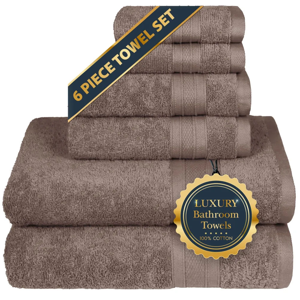 TRIDENT Soft & Plush Luxury Towel Set, 100% Cotton, 2 Bath Towels 2 Hand Towels 2 Washcloths Highly Absorbent Towels for Bathroom, 6 Pieces Acornish Brown Towel Sets