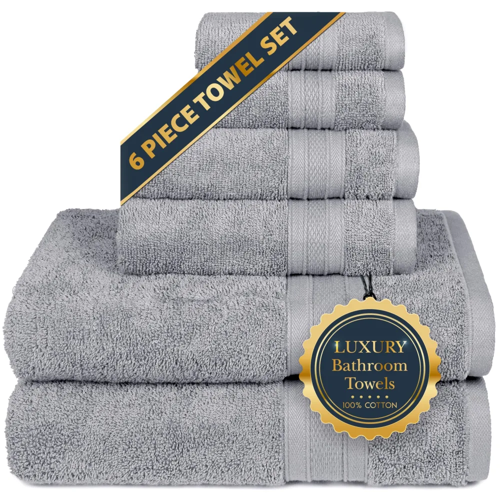 TRIDENT Soft & Plush Luxury Towel Set, 100% Cotton, 2 Bath Towels 2 Hand Towels 2 Washcloths Highly Absorbent Towels for Bathroom, 6 Pieces Silverish Grey Towel Sets