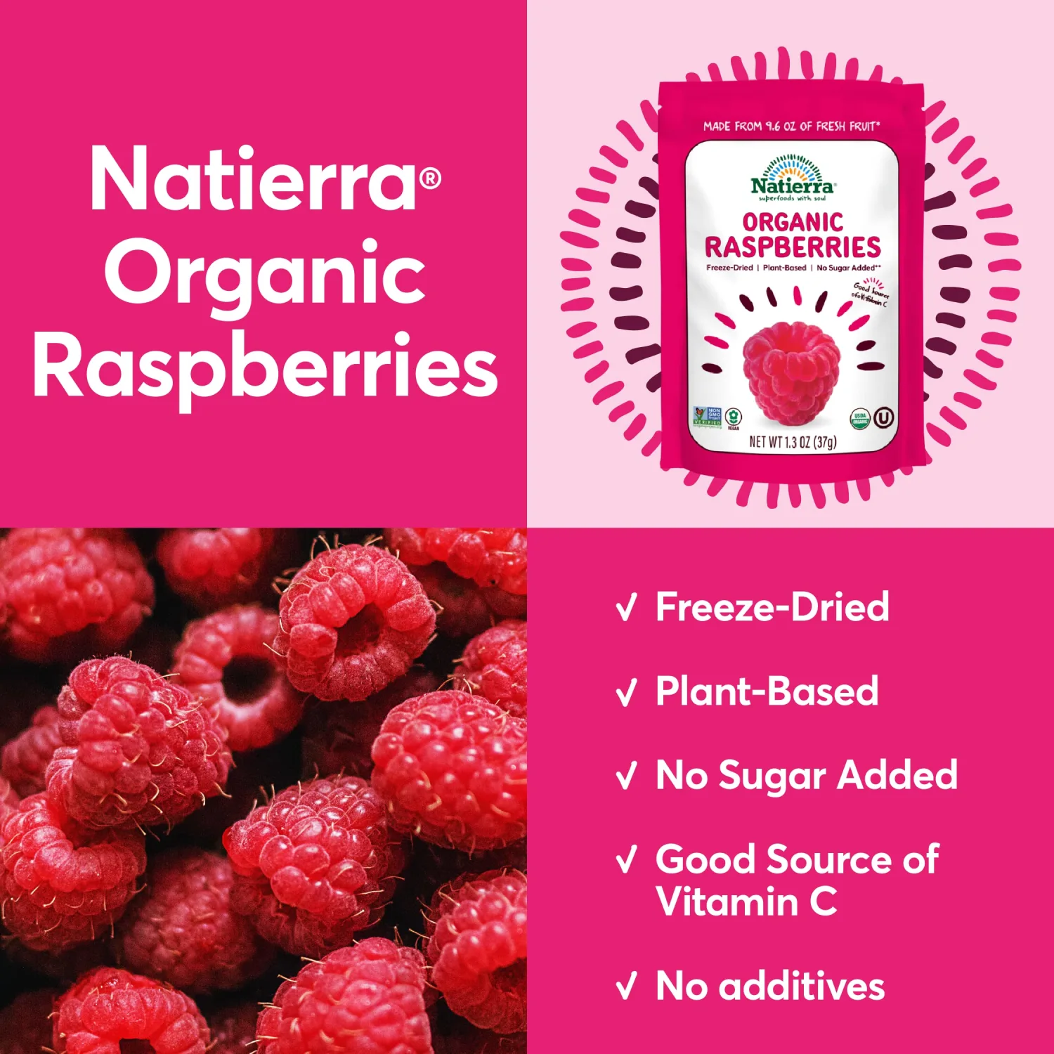 NATIERRA Nature's All Foods Organic Freeze-Dried Raspberries | Non-GMO & Vegan | 1.3 Ounce
