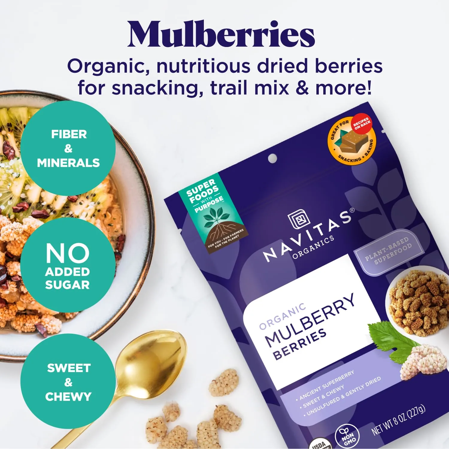 Navitas Organics Mulberries, 8 oz. Bag, 8 Servings — Organic, Non-GMO, Sun-Dried, Gluten-Free, Sulfite-Free (Pack of 1)