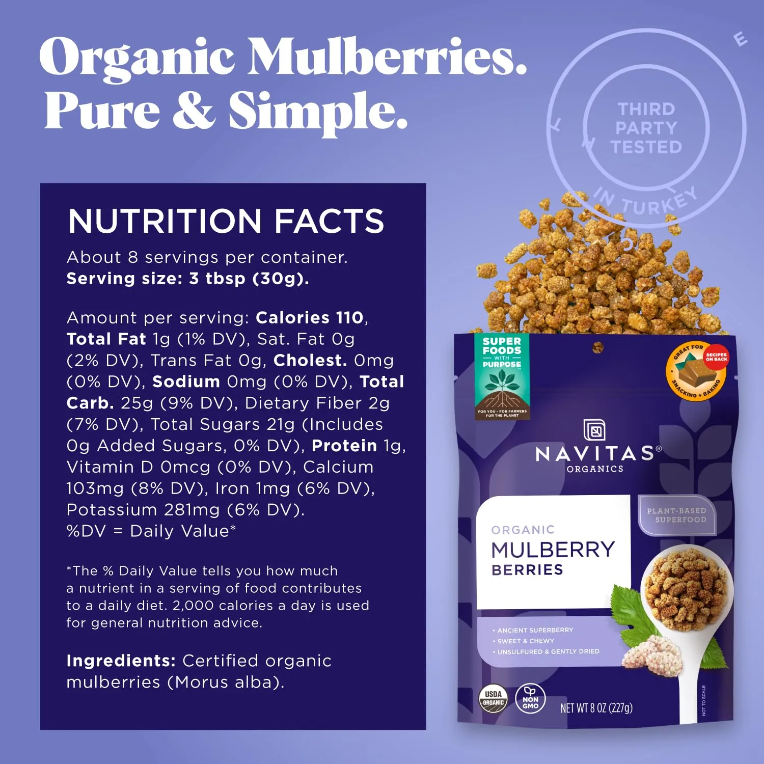 Navitas Organics Mulberries, 8 oz. Bag, 8 Servings — Organic, Non-GMO, Sun-Dried, Gluten-Free, Sulfite-Free (Pack of 1)