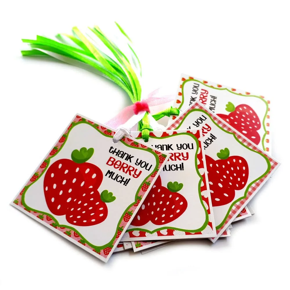 Strawberry Thank You Favor Gift Tags by Adore By Nat - Girl Children Fruit Birthday Baby Shower Party - Set of 12