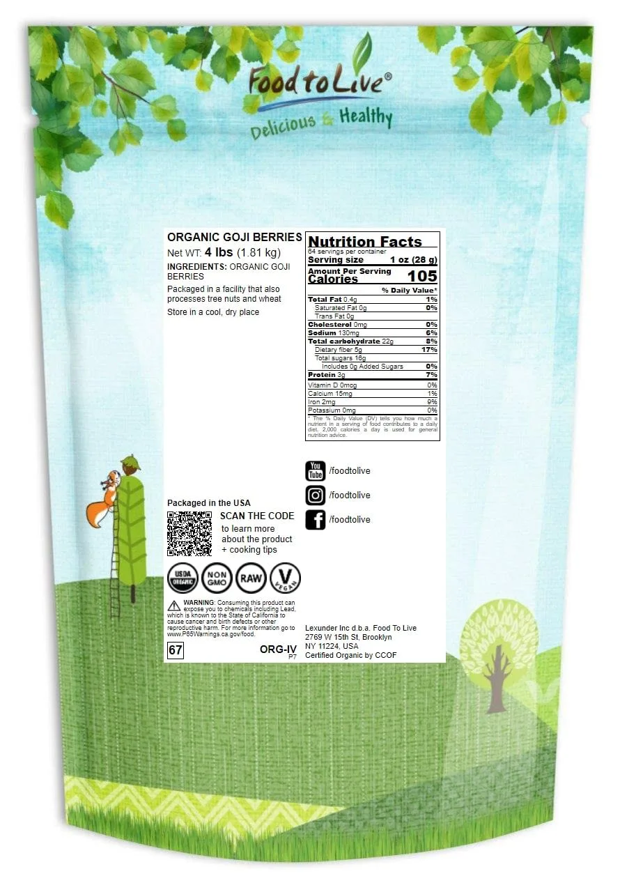 Food to Live Organic Goji Berries, 4 Pounds - Sun Dried, Large and Juicy, Non-GMO, Raw, Vegan, Sirtfood, Bulk