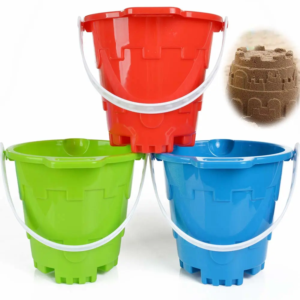 Jumbo Castle Model Beach Gear 7" Large Sand Buckets Pails Beach Water Pool Gardening Bath Toy Environmentally ABS Durable Thick Plastic Complete Gift Set Bundle For Kids Boys Girls- 3 Pack Green Blue