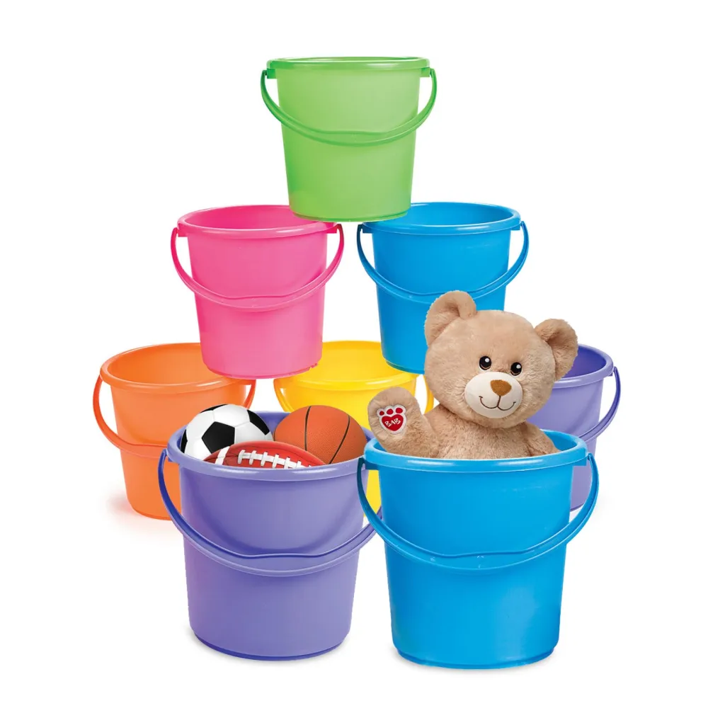 Fun Express 12 pc. Sand Buckets for Kids 7 inch - Premium Sand Buckets Set of 12 - Durable, Mess-Free Cleanup, Easy-Grip Handles and Multi-Purpose Use - VBS Vacation Bible School Supplies/Decor