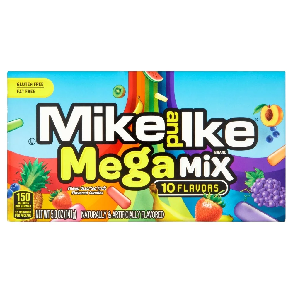 Mike & Ike Mega Mix 10 Flavors Chewy Flavored Candy 5 Oz Theater Box, Assorted Fruit, 12 Count