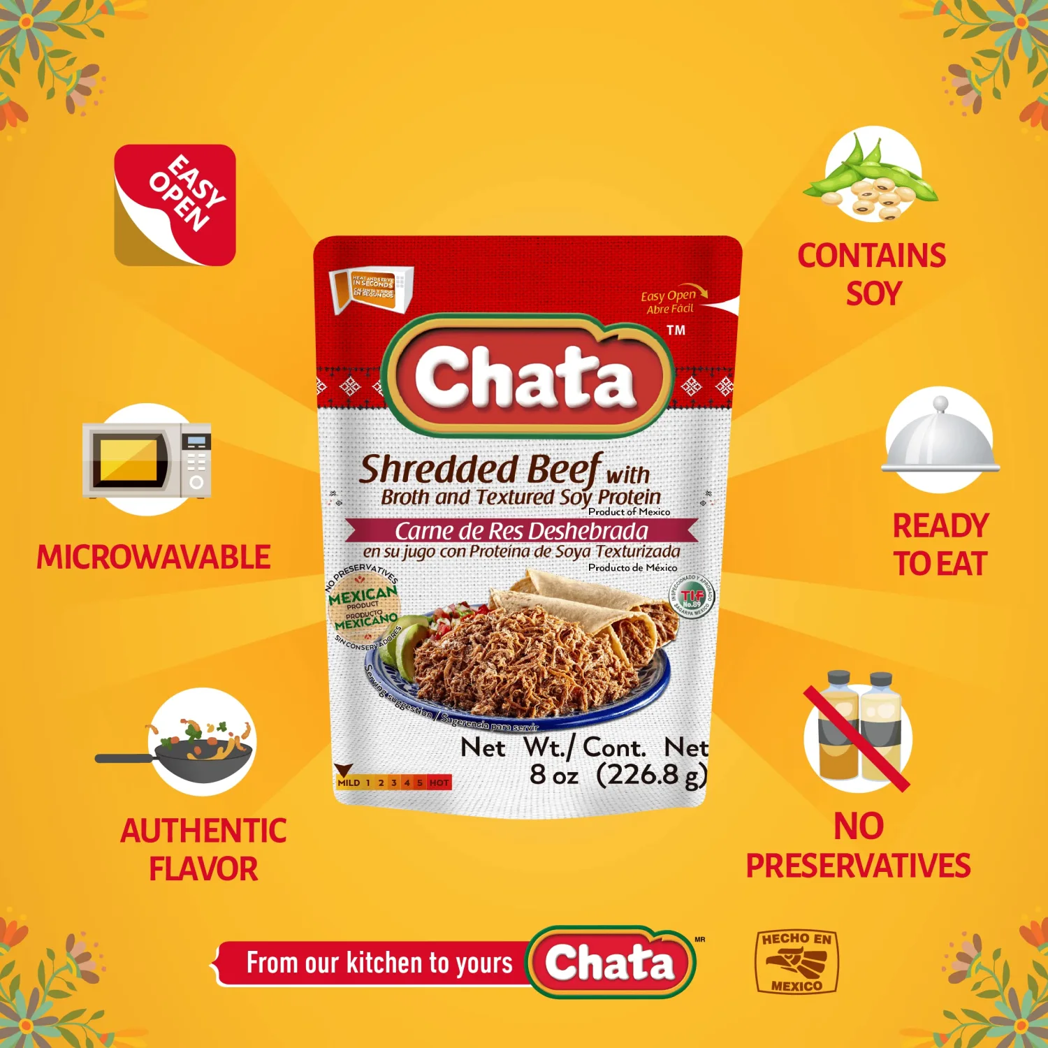 Chata Authentic Carne de Res Deshebrada, Seasoned Shredded Beef, 8 oz, Pack of 1