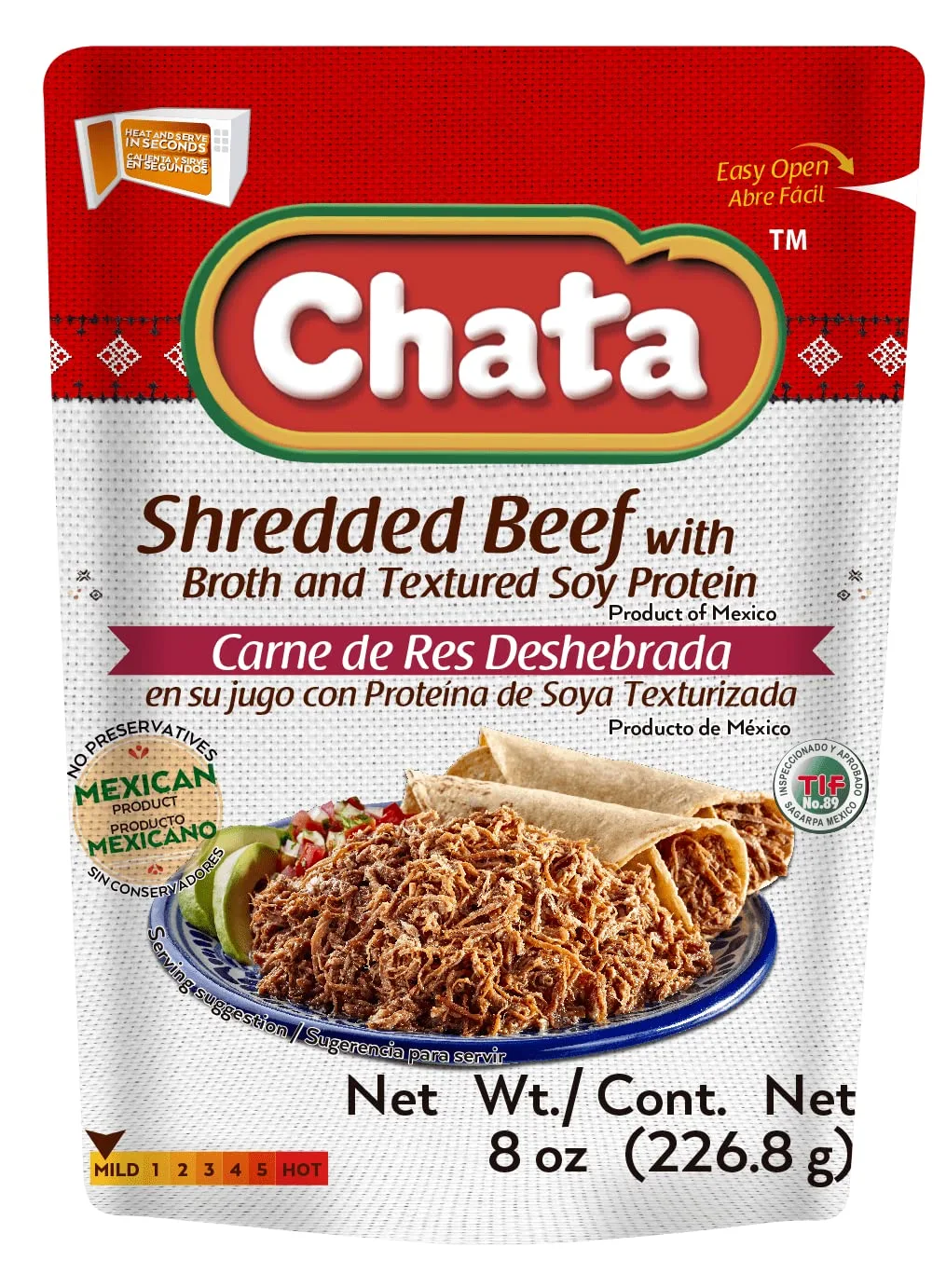 Chata Authentic Carne de Res Deshebrada, Seasoned Shredded Beef, 8 oz, Pack of 1