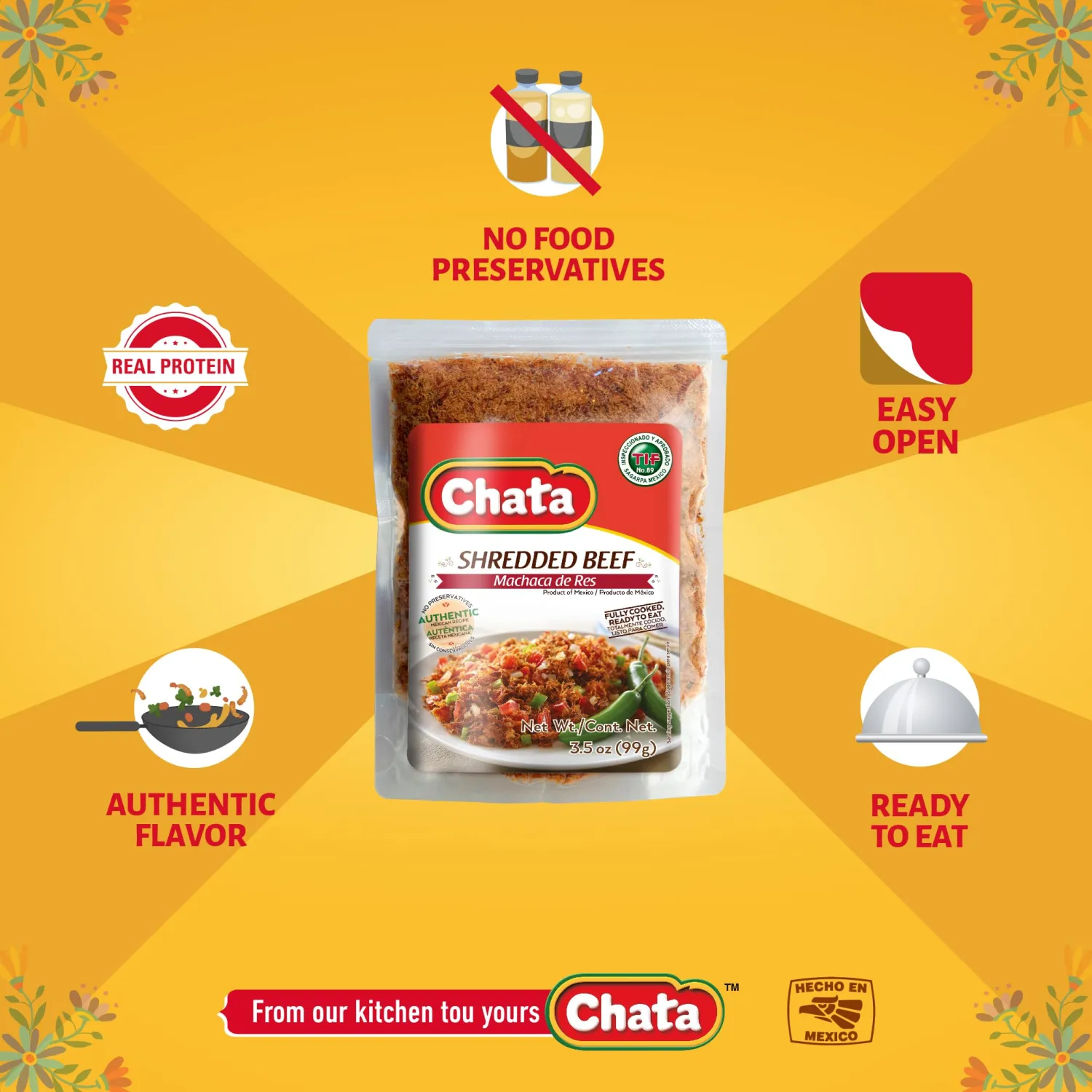 Chata Machaca de Res Pouch | Savory Shredded Beef | Ready-to-Eat | No Preservatives | 3.5 Ounce (Pack of 1)