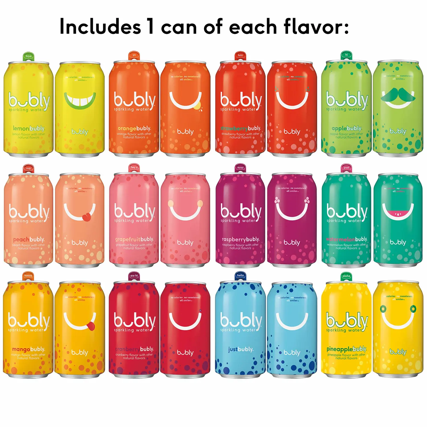 Bubly Sparkling Water, 15 Flavor Sampler, 12 fl oz Cans, (18 Pack), Blue