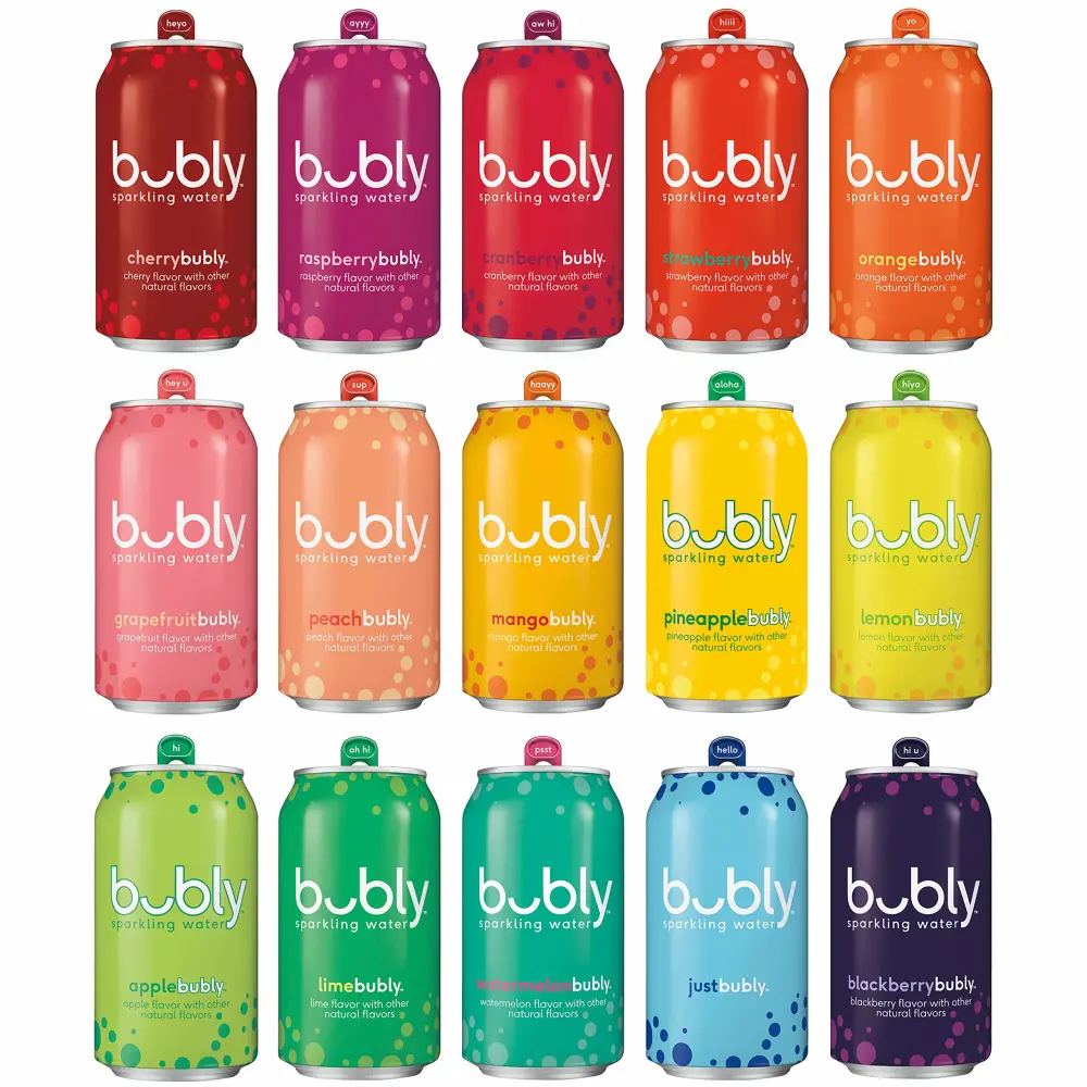 Bubly Sparkling Water, 15 Flavor Sampler, 12 fl oz Cans, (18 Pack), Blue