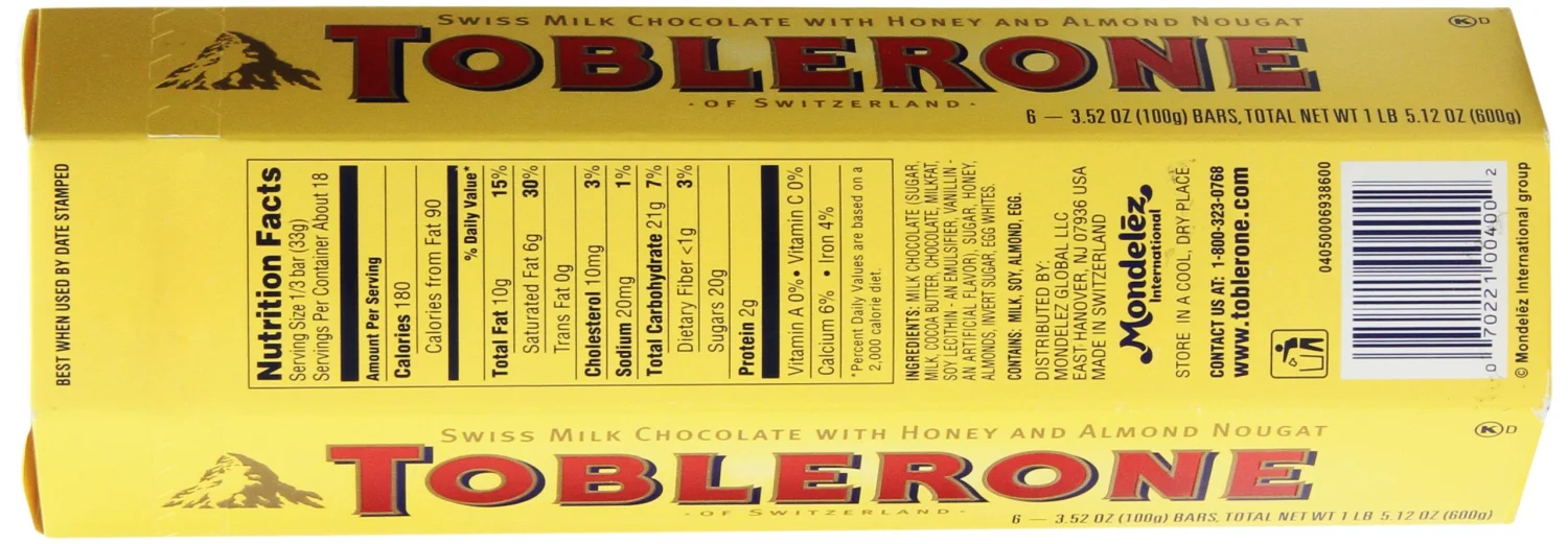 Toblerone Swiss Milk Chocolate with Honey and Almond Nougat, 6 - 100g Bars, Total Net Wt 600g, 3.52 Ounce (Pack of 6)