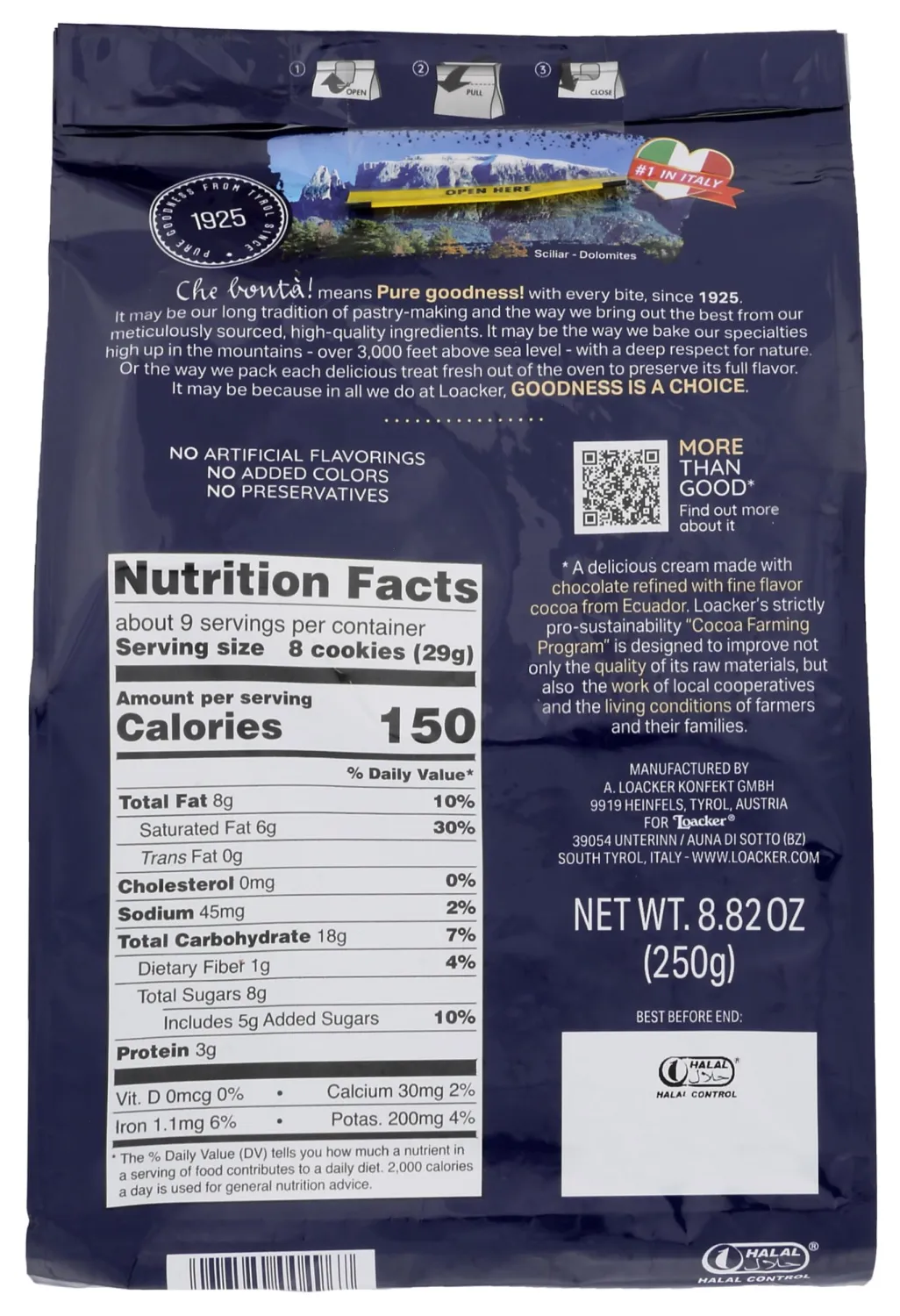 Loacker Quadratini Chocolate Wafer Cookies - 30% Less Sugar - Premium Crispy Bite Size Wafers with Chocolate Cream Filling - Resealable Family Pack - NON-GMO - Fine Flavor Cocoa from our Sustainable Farming Program - LARGE Snack Bag 250g/8.82oz