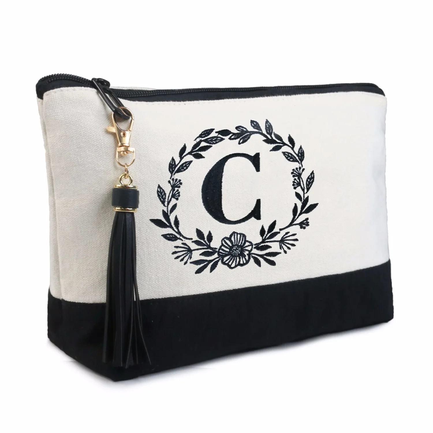 BeeGreen Birthday Gifts for Women Mother Canvas Makeup Bag Initial Cosmetic Bag with Inner Pocket and Tassel for Graduation Teachers Friends Travel Embroidery C