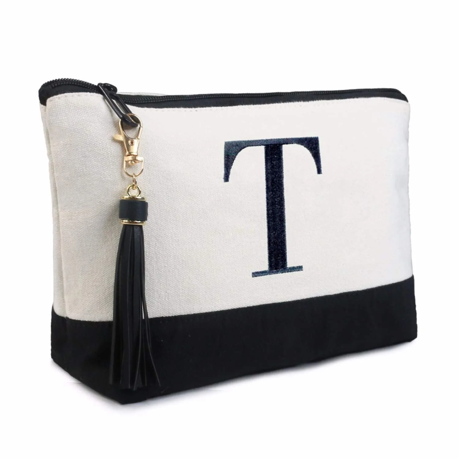 BeeGreen Monogram Makeup Bag for Women Unique Birthday Gifts for Mother Initial Canvas Cosmetic Bag with Inner Pocket and Tassel for Graduation Gifts Teachers Friends Embroidery (Letter T)