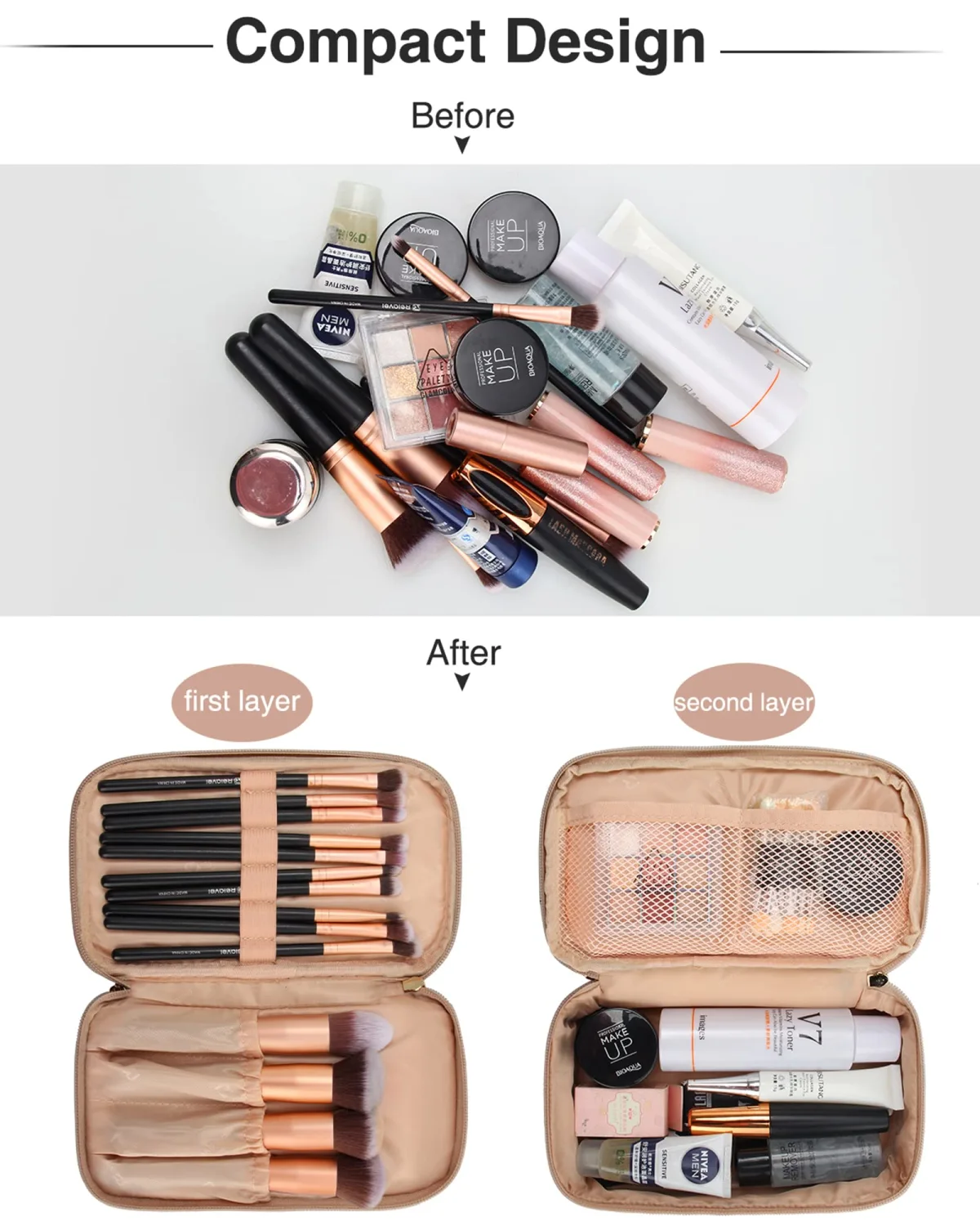 Relavel Makeup Bag Small Travel Cosmetic Bag for Women Girls Makeup Brushes Bag Portable 2 Layer Cosmetic Case Brush Organizer Christmas Gift (Small, Rose Gold)