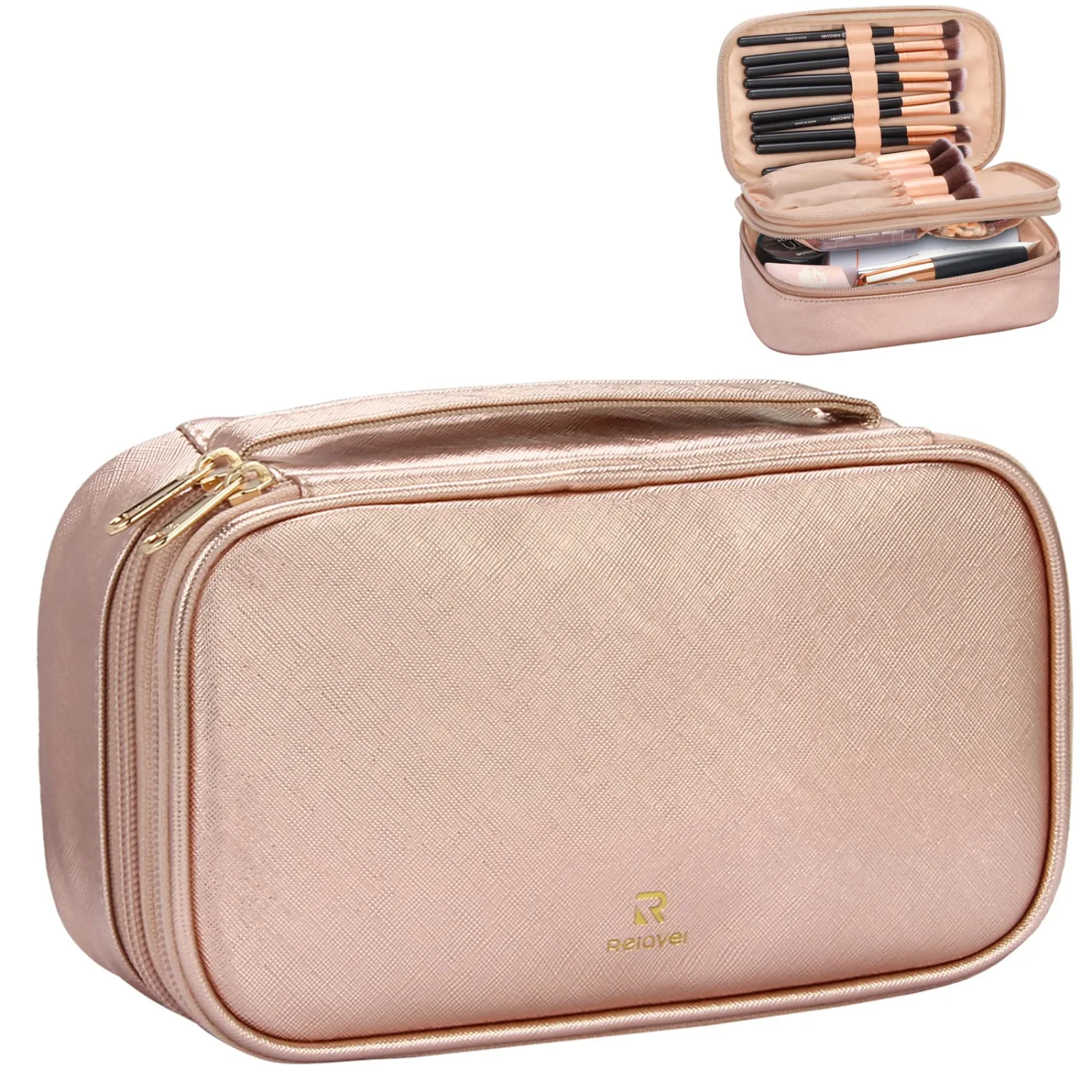 Relavel Makeup Bag Small Travel Cosmetic Bag for Women Girls Makeup Brushes Bag Portable 2 Layer Cosmetic Case Brush Organizer Christmas Gift (Small, Rose Gold)
