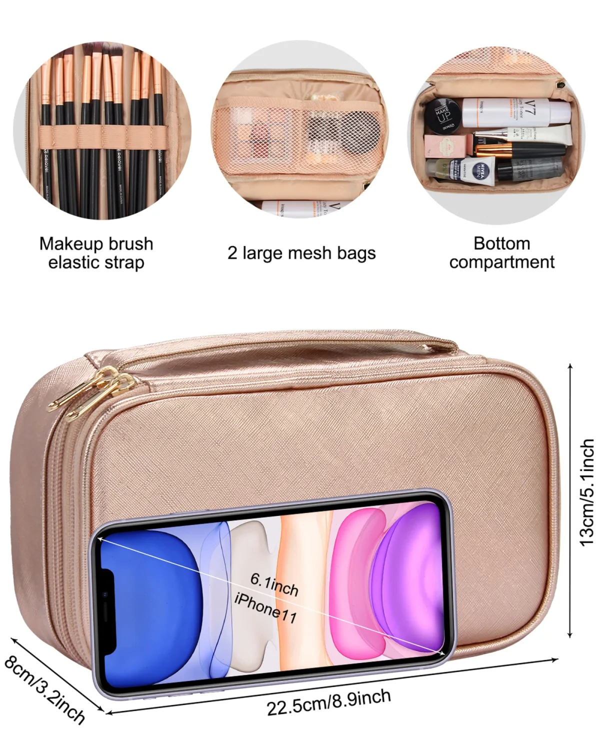 Relavel Makeup Bag Small Travel Cosmetic Bag for Women Girls Makeup Brushes Bag Portable 2 Layer Cosmetic Case Brush Organizer Christmas Gift (Small, Rose Gold)