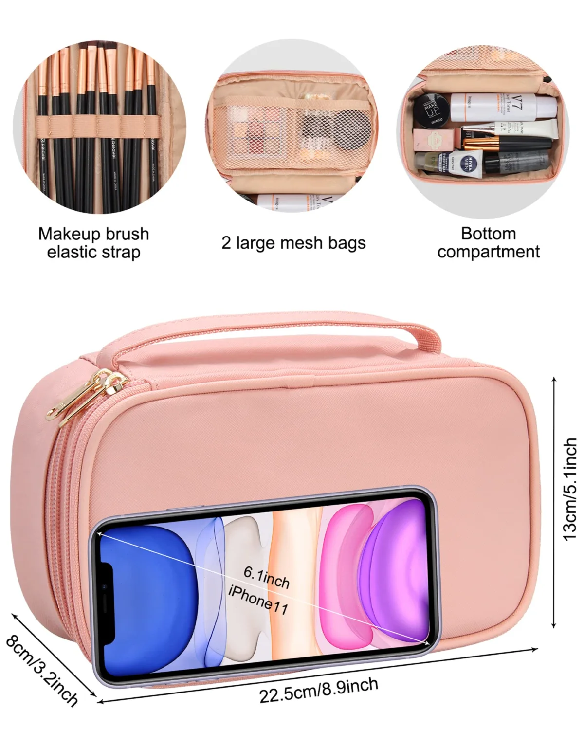 Relavel Makeup Bag Small Travel Cosmetic Bag for Women Girls Makeup Brushes Bag Portable 2 Layer Large Capacity Cosmetic Case Brush Storage Organizer Pouch Christmas Gifts Purse Toiletry Bag (Pink)