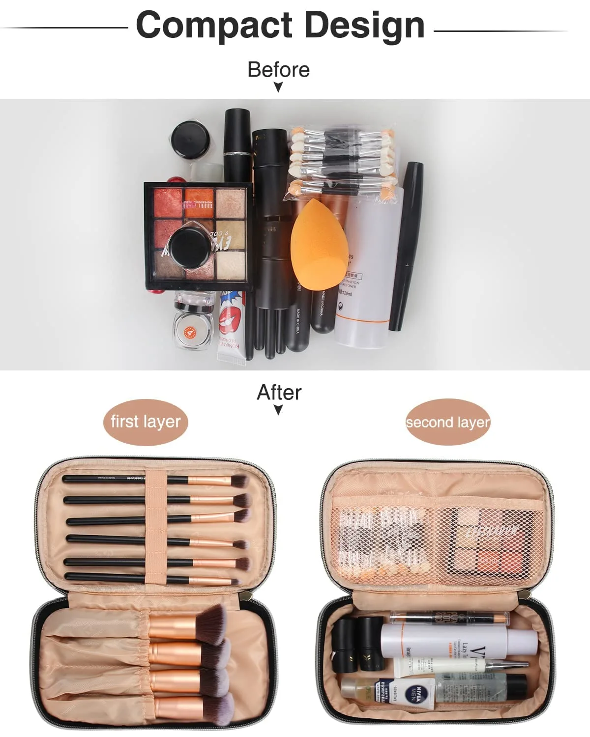 Makeup Brush Cosmetic Organizer Portable 2 layer Small Makeup Pouch with Carry Handle for Travel (black)