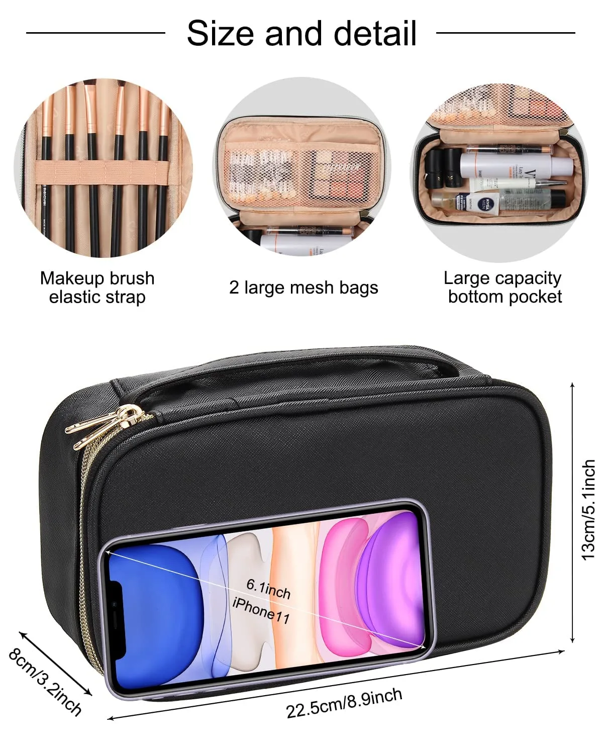 Makeup Brush Cosmetic Organizer Portable 2 layer Small Makeup Pouch with Carry Handle for Travel (black)