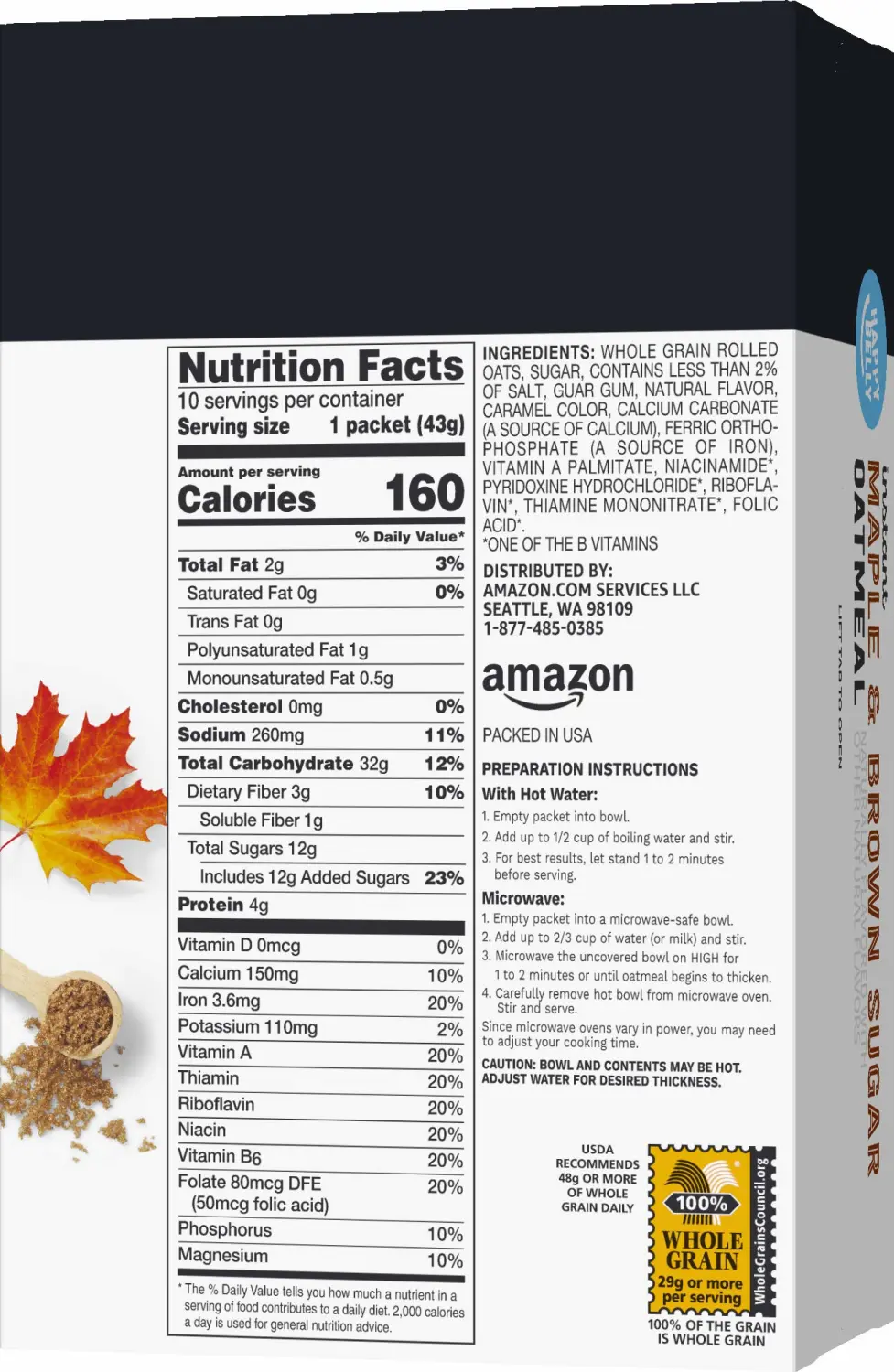 Amazon Brand - Happy Belly Instant Oatmeal, Maple & Brown Sugar, 1.51 ounce (Pack of 10)
