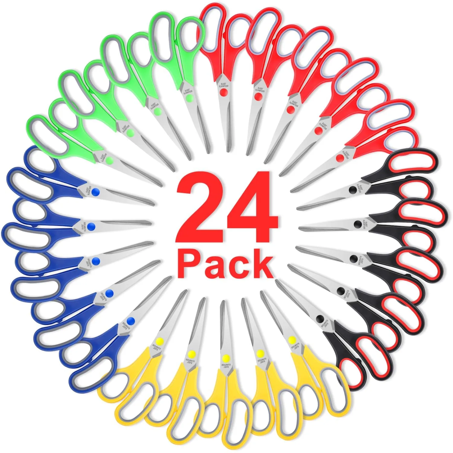 Scissors Bulk 24-Pack, BURVAGY 8" Scissors All Purpose Heavy Duty Sharp Scissors for Office School Home Stainless Steel Blades Safety Soft Grip Handles,Right/Left Handed Scissors