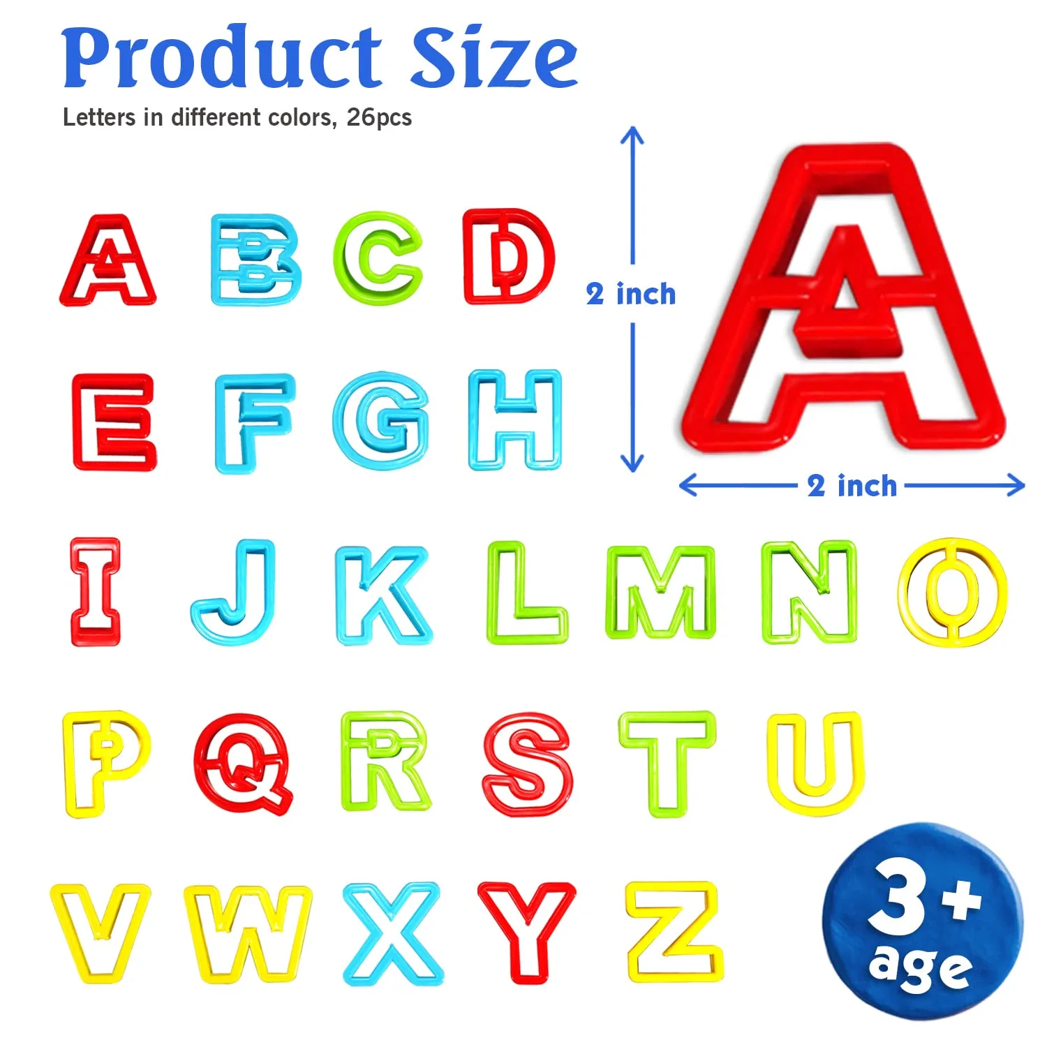 Rimobul Alphabet Dough Cutter Kit with 26 Capital Letters,Clay Dough Tools Set & Play Dough Non-Toxic Modeling 1 inch-2 inch, Assorted Colors