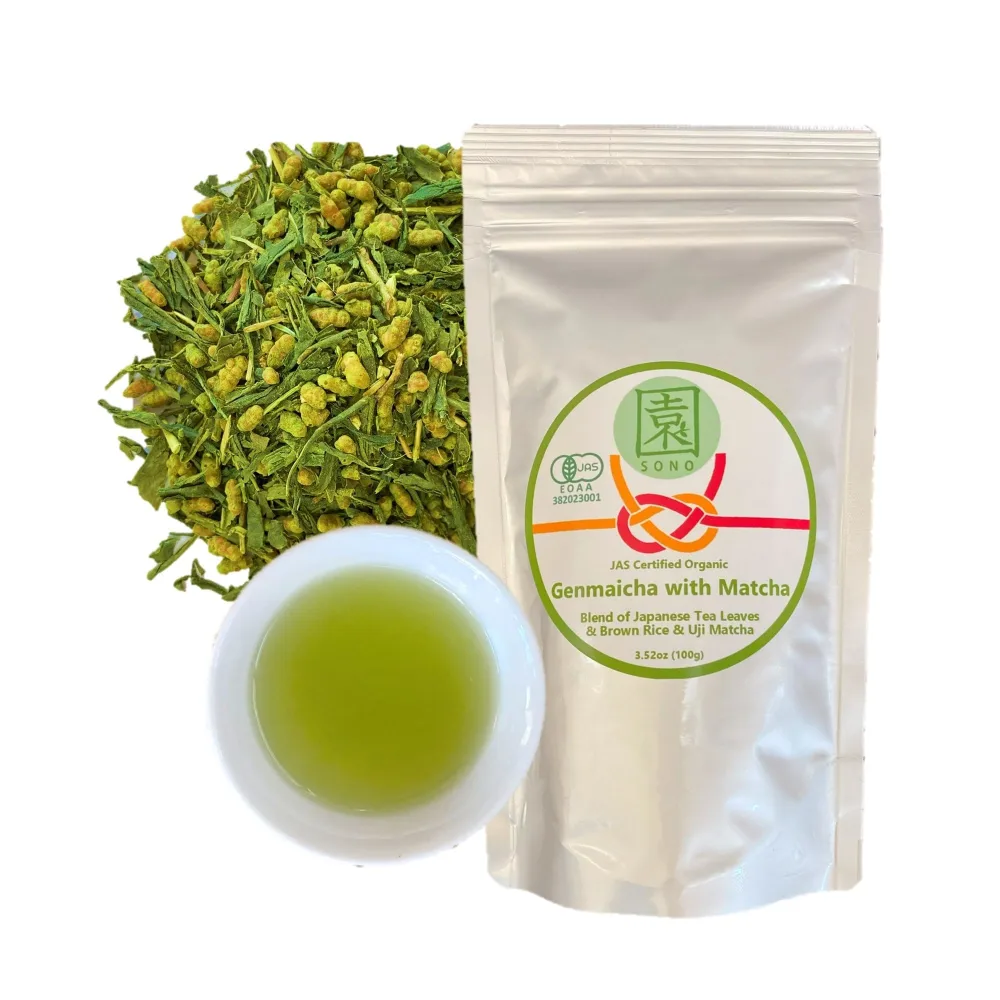 SONO Organic Genmaicha with Matcha, Sencha Green Tea with Roasted Rice, Brown Rice Tea, Uji Matcha Blend, Kyoto Japan Origin 3.52oz/100g