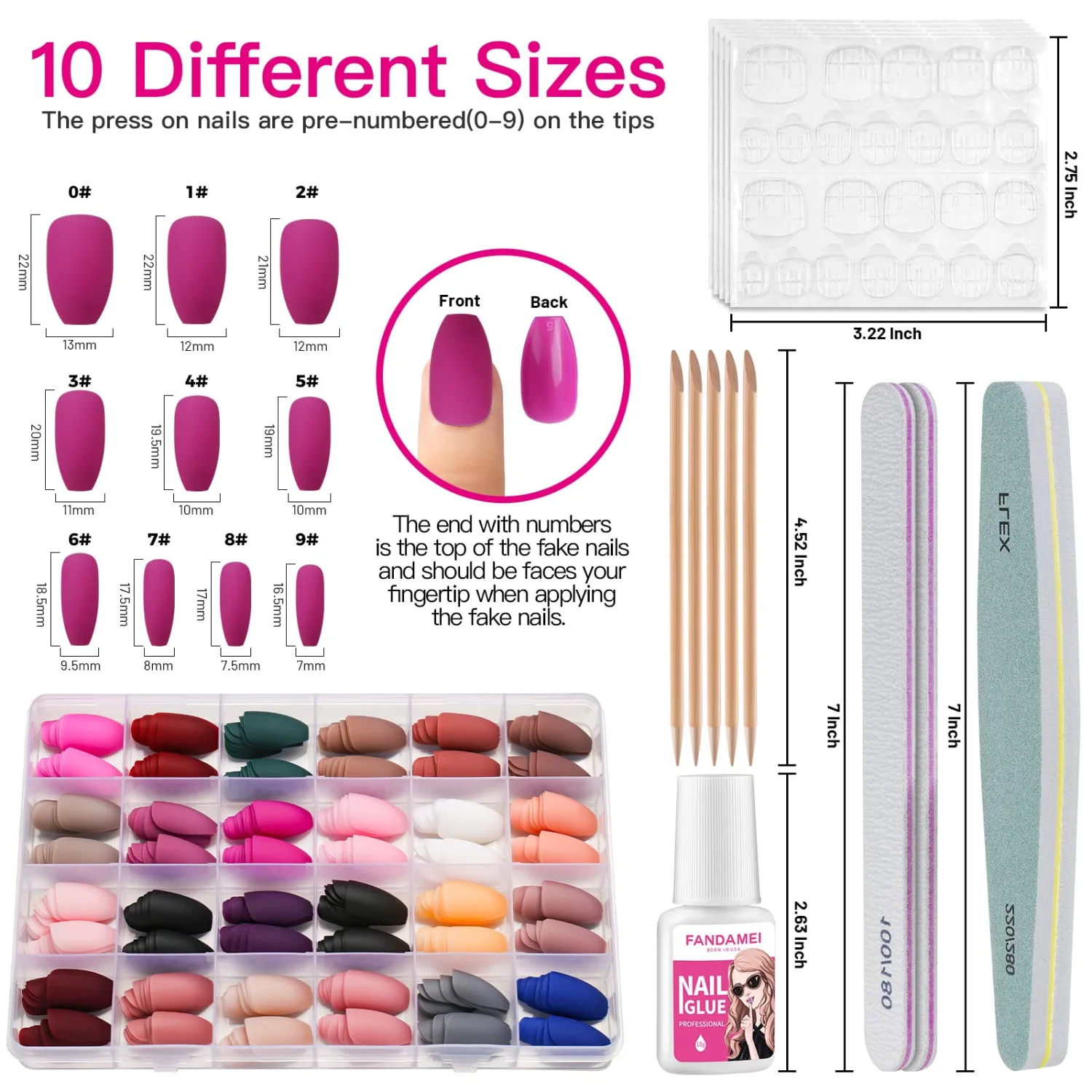 FANDAMEI Matte Press on Nails Medium Length, 24 Packs 576PCS Medium Coffin Fake Nails Full Cover, Acrylic Short Ballerina False Nail tips with Nail Glue, Nail Adhesive Tabs, Nail File for Nail Art DIY