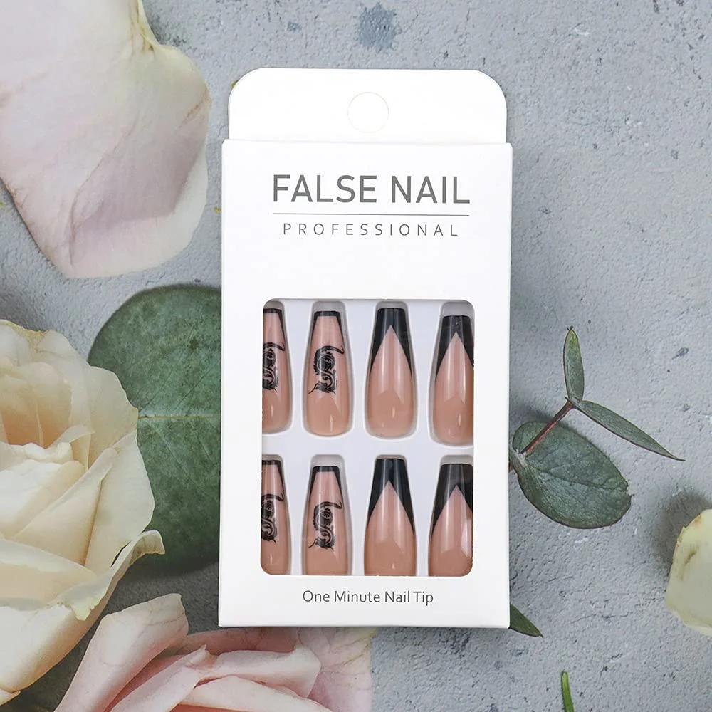 24 Pcs Press On Long Fake Nails - Acrylic Ballet French Black Nails with Dragon Design for Women and Girls