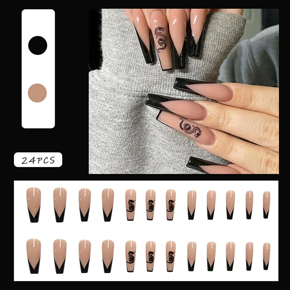 24 Pcs Press On Long Fake Nails - Acrylic Ballet French Black Nails with Dragon Design for Women and Girls