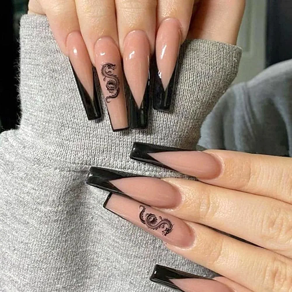 24 Pcs Press On Long Fake Nails - Acrylic Ballet French Black Nails with Dragon Design for Women and Girls