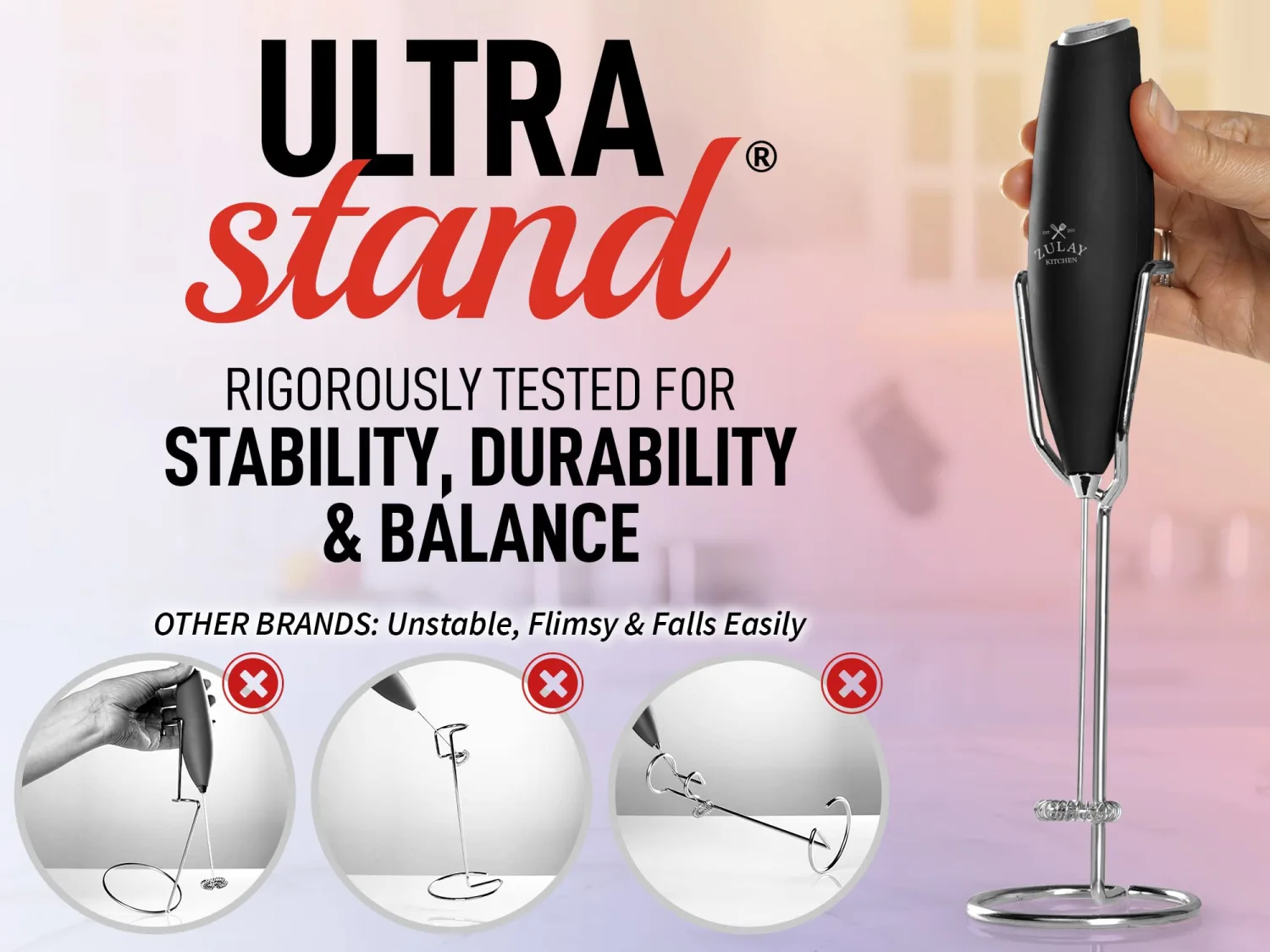 Zulay Milk Frother Handheld Foam Maker With Upgraded Ultra Stand - Powerful Coffee Frother Electric Handheld Mixer - Battery Operated Frother For Coffee with Stainless Steel Electric Whisk (Black)