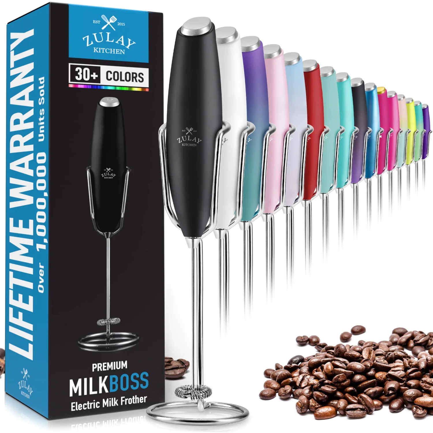 Zulay Milk Frother Handheld Foam Maker With Upgraded Ultra Stand - Powerful Coffee Frother Electric Handheld Mixer - Battery Operated Frother For Coffee with Stainless Steel Electric Whisk (Black)