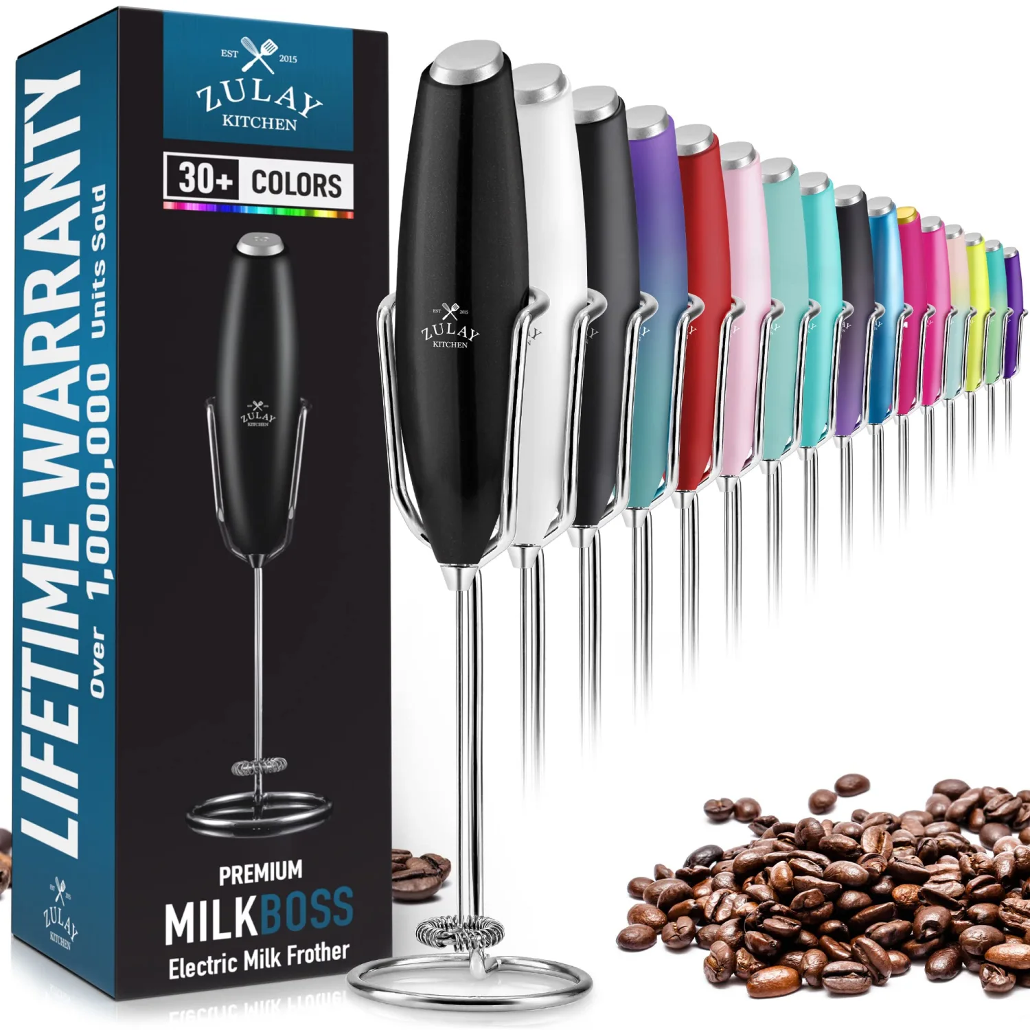 ULTRA HIGH SPEED MILK FROTHER For Coffee With NEW UPGRADED STAND - Multi-Use Powerful, Compact Handheld Mixer - Super Instant Electric Foam Maker with Stainless Steel Whisk by Zulay (Metallic Black)