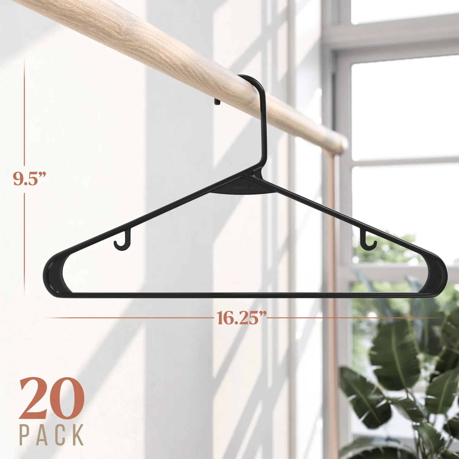 NEATERIZE Clothes Hangers Plastic 20 Pack - Black Plastic Hangers - Makes The Perfect Coat Hanger and General Space Saving Clothes Hangers for Closet - Percheros Ganchos para Colgar Ropa Hangars