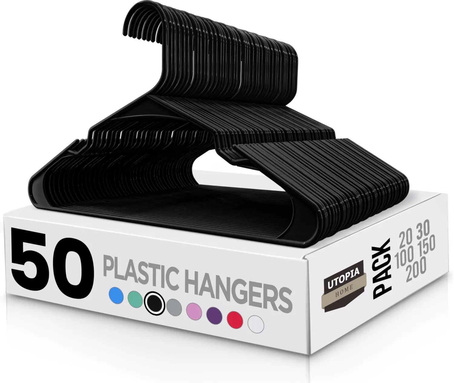 Utopia Home Plastic Hangers 50 Pack - Perfect Space Saving Clothes Hanger - Durable and Strong - Perfect Closet Organizers with Shoulder Grooves (Black)
