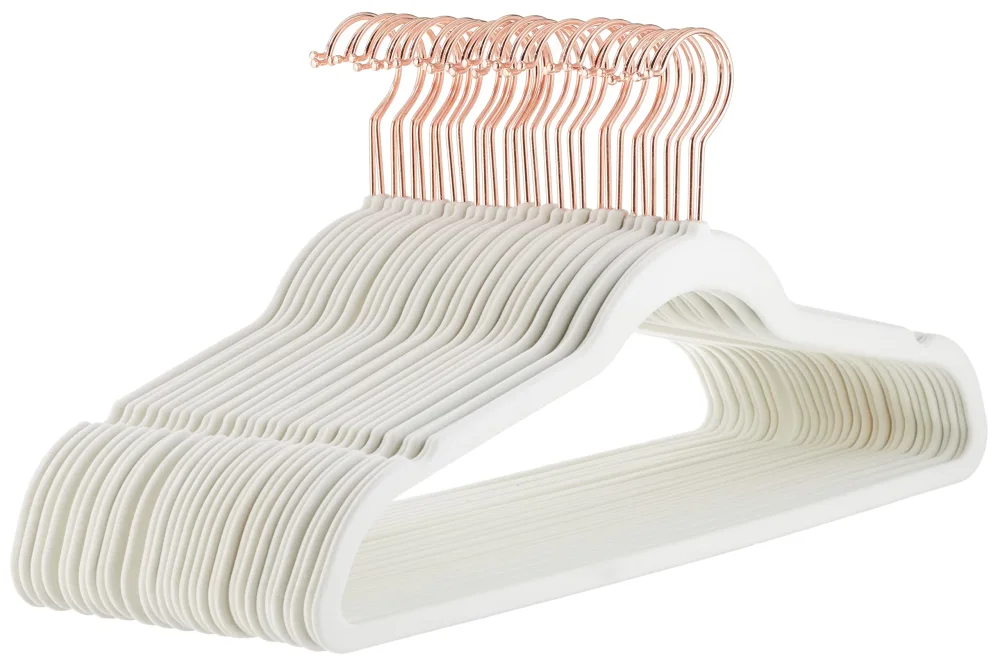 Zinc Basics Slim, Velvet, Non-Slip Suit Clothes Hangers, Ivory/Rose Gold - Pack of 30