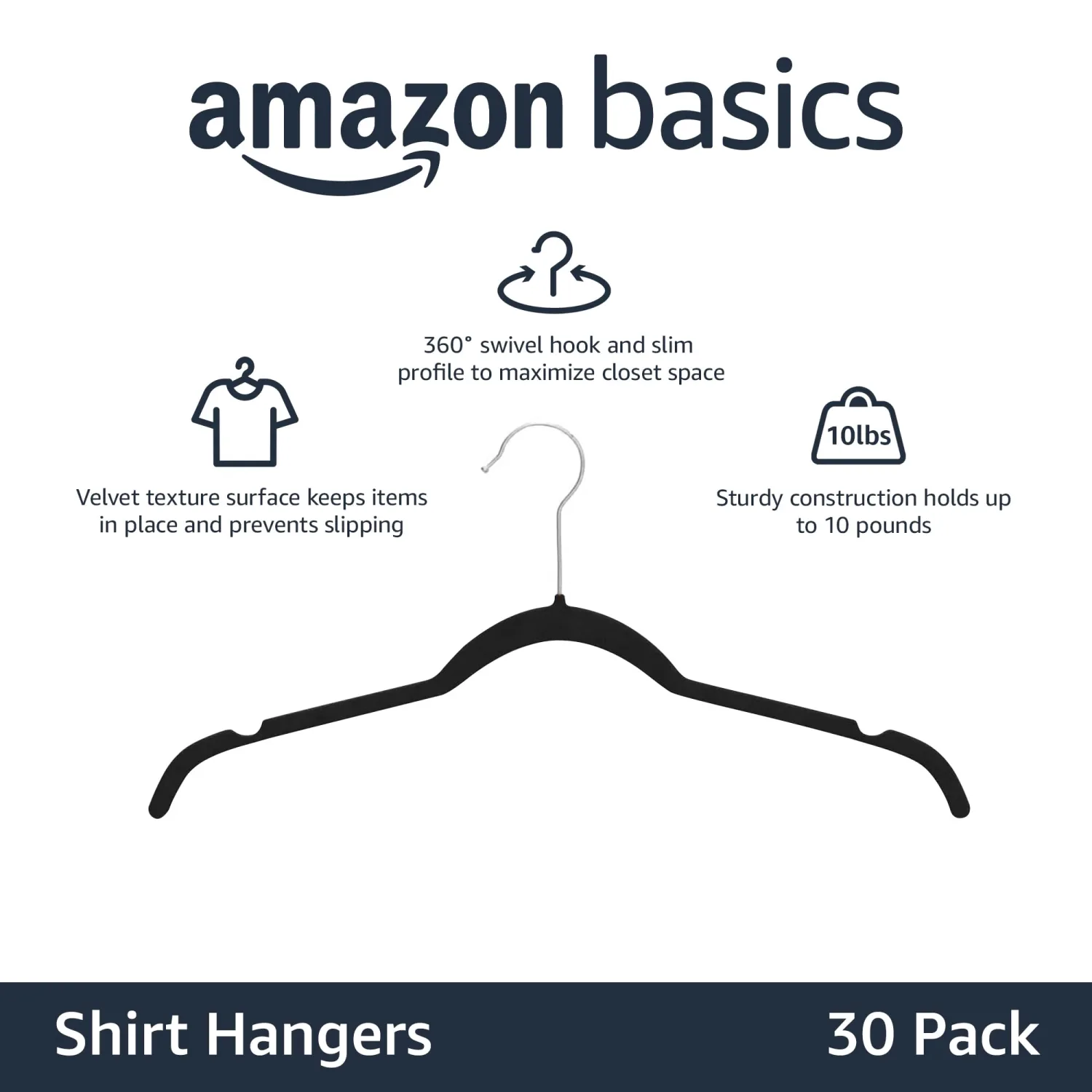 Amazon Basics Slim, Velvet, Non-Slip Shirt Clothes Hangers, Black/Silver - Pack of 30