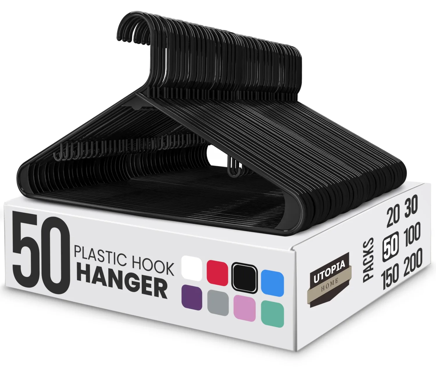 Utopia Home Plastic Hangers 50 Pack - Space Saving Clothes Hanger - Durable & Strong Closet Organizers and Storage with Built-in Strap Hooks - Essential for Shirts, Pants, Skirts & Coats (Black)