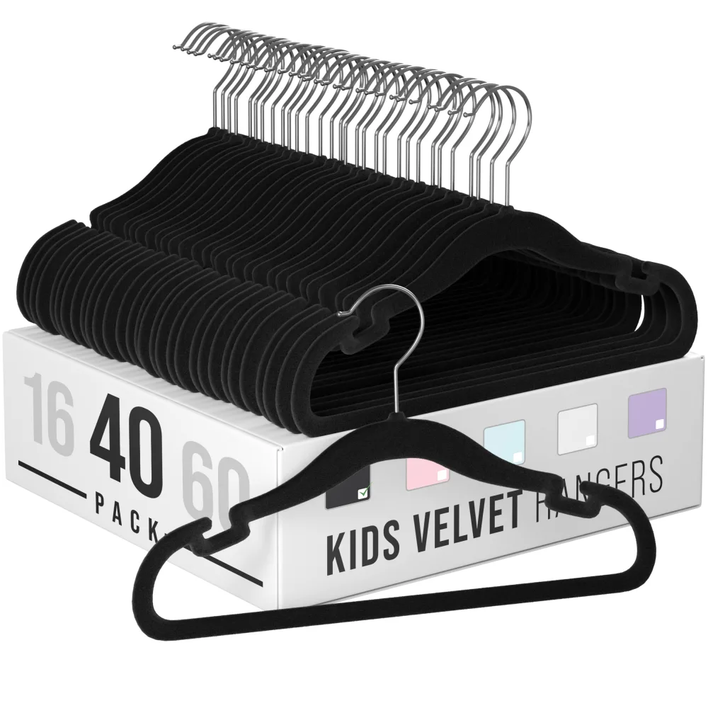 Velvet Baby Hangers for Clothes - Heavy Duty Non Slip Velvet Kids Hangers Or Toddler Hangers for Closet | Ultra Thin Design Kid Hangers for Space Saving - Ganchos De Ropa para Bebe (40 Pack Black)