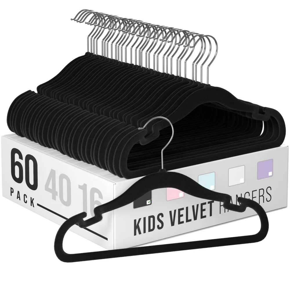 Velvet Baby Hangers for Clothes - Heavy Duty Non Slip Velvet Kids Hangers Or Toddler Hangers for Closet | Ultra Thin Design Kid Hangers for Space Saving - Ganchos De Ropa para Bebe (60 Pack Black)