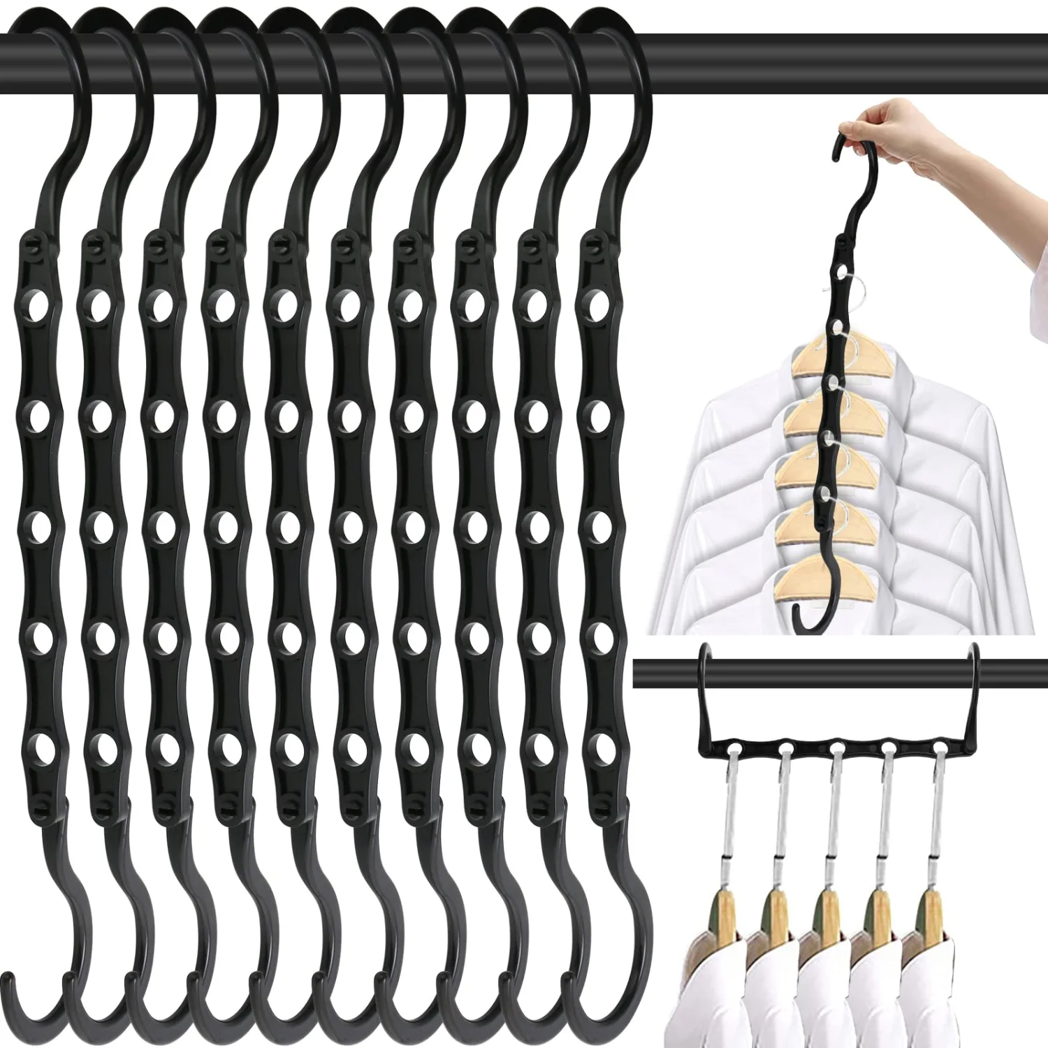 Space Saving Hangers, 10PCS Magic Hangers, 5 Holes Sturdy Plastic Clothes Closet Organizers and Storage, Space Saver Organization, College Dorm Room Essentials (Black)