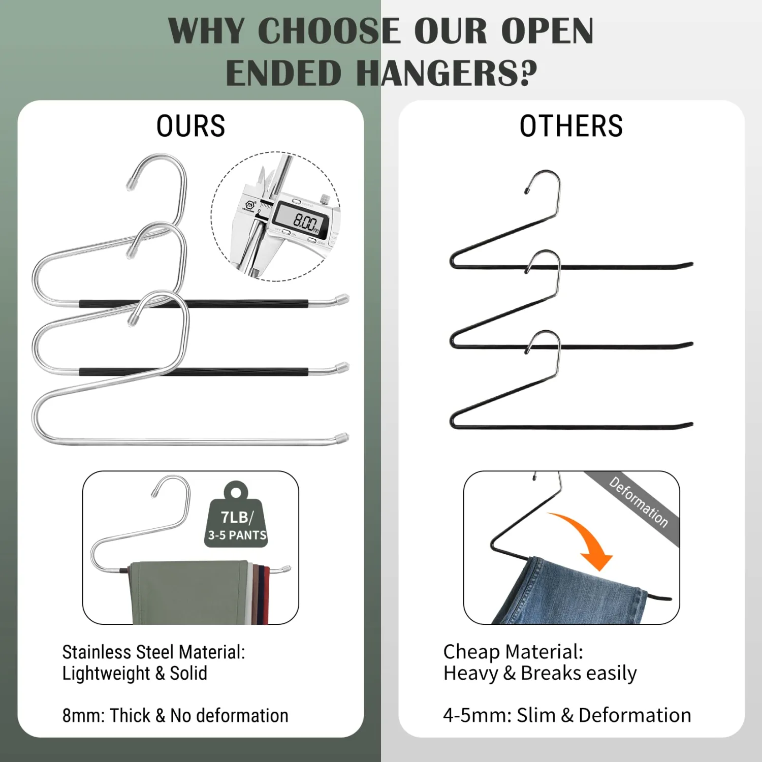 DOIOWN Open-Ended Pants Jean Hangers - Stainless Steel Jeans Hangers 10 Pack 8mm Thick, Versatile Non-Slip Hangers for Heavy Pants, Jeans, Trousers, Scarf - Space-Saving Clothes Hangers for Women Men