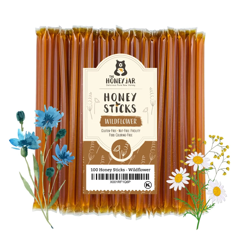 The Honey Jar - Wildflower Varietal Honey Sticks - Pure Honey Straws For Tea, Coffee, or a Healthy Treat - One Teaspoon of Flavored Honey Per Stick - Made In The USA, Real Honey - (100 Count)