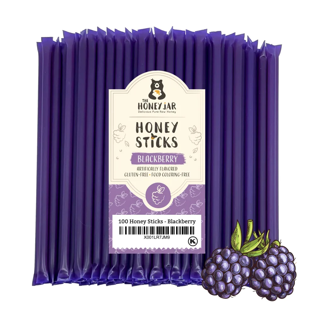 The Honey Jar Blackberry Flavored Honey Sticks - Pure Honey Straws For Tea, Coffee, or a Healthy Treat - One Teaspoon of Flavored Honey Per Stick - Made In The USA with Real Honey - (100 Count)