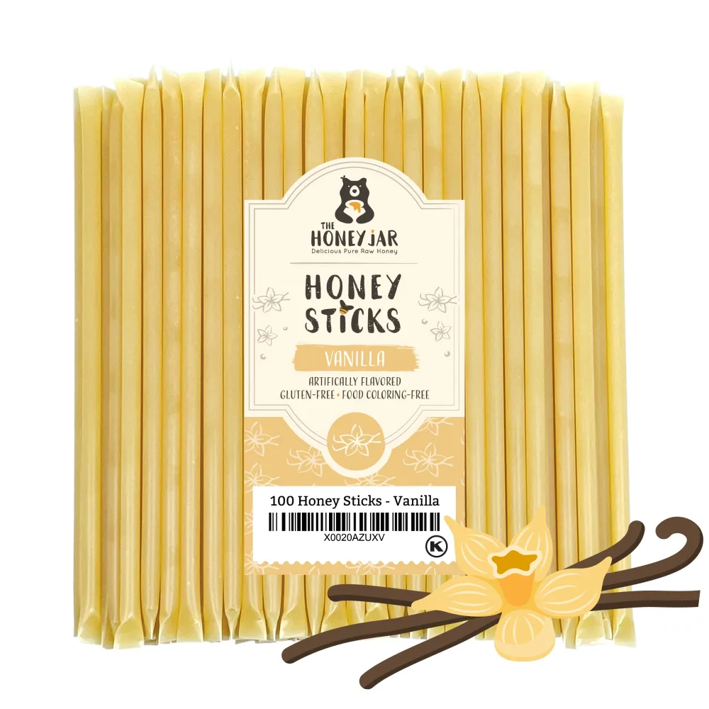 The Honey Jar Vanilla Flavored Honey Sticks - Pure Honey Straws For Tea, Coffee, or a Healthy Treat - One Teaspoon of Flavored Honey Per Stick - Made In The USA with Real Honey - (100 Count)