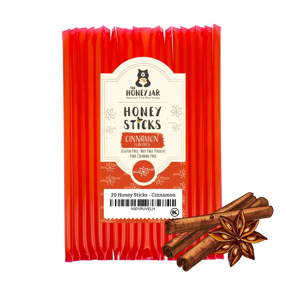 The Honey Jar Cinnamon Flavored Honey Sticks - Pure Honey Straws For Tea, Coffee, or a Healthy Treat - One Teaspoon of Flavored Honey Per Stick - Made In The USA with Real Honey - (20 Count)